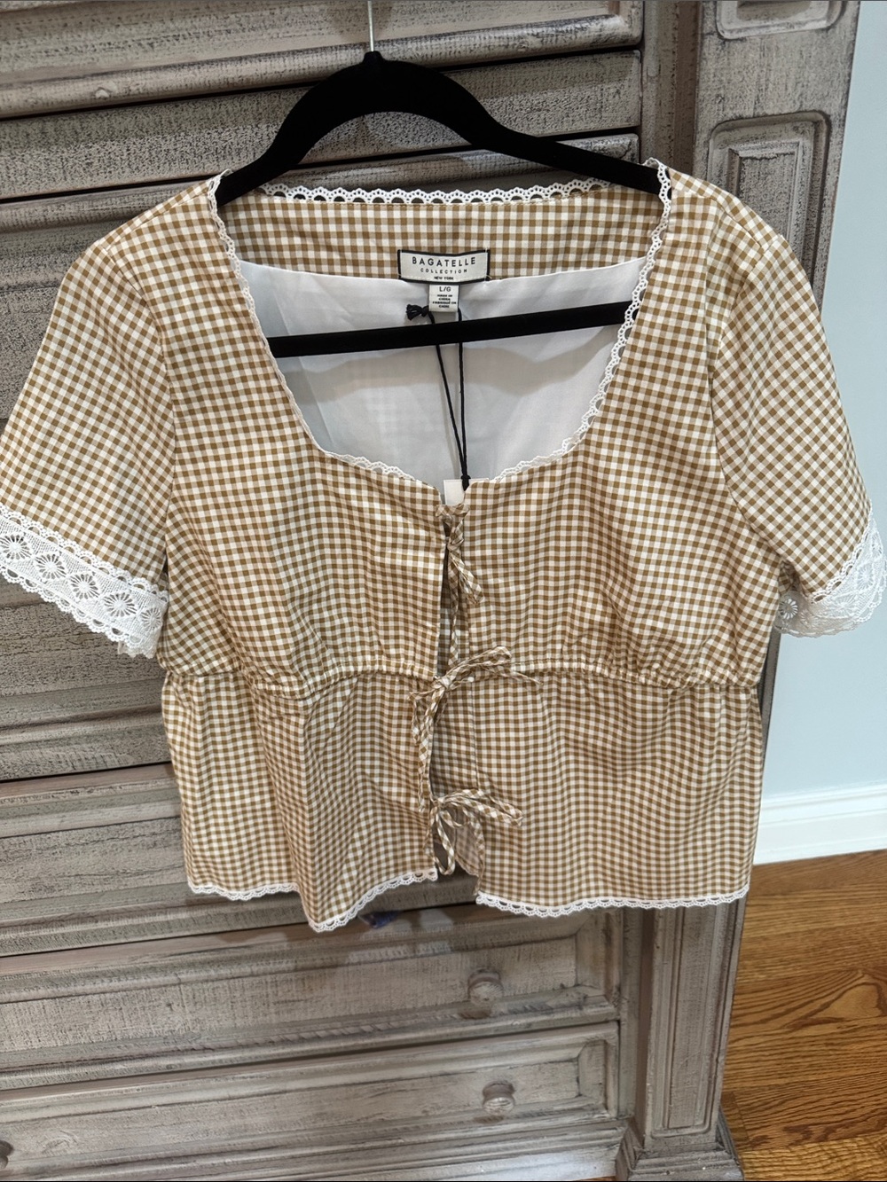 bagatelle Tan Gingham Tie-Front Crop Top with White Lace Trim